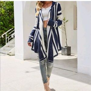Navy Open Front Color Block Hooded Cardigan